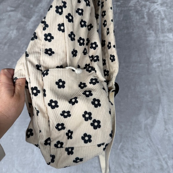 Corduroy Floral Print Backpack Beige Black Cute Kawaii School Bag - Picture 8 of 8